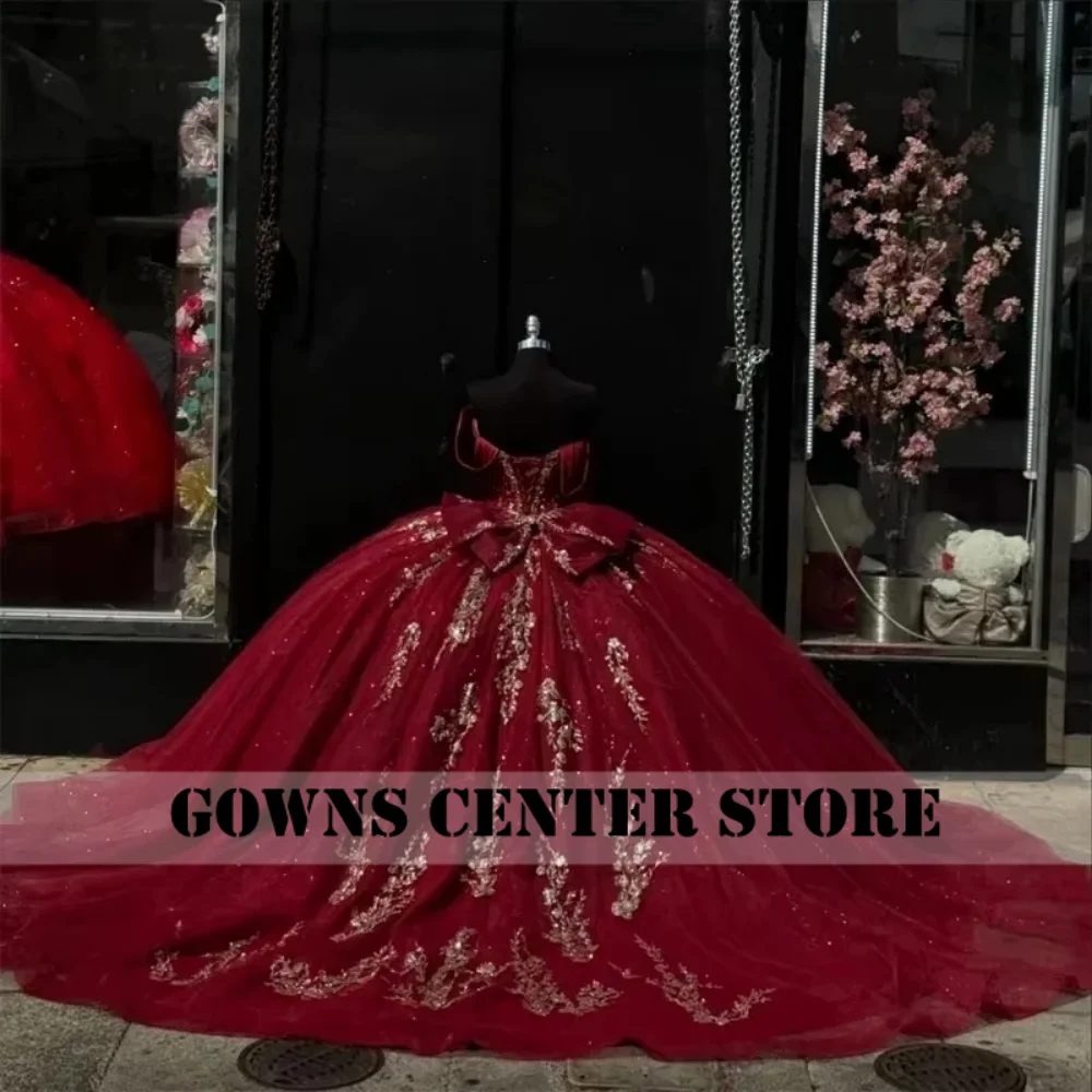 

Glittering Burgundy Quinceanera Dresses With Bow Gold Lace Birthday Party Sweetheart Princess Vestidos De 15 Anos Customized