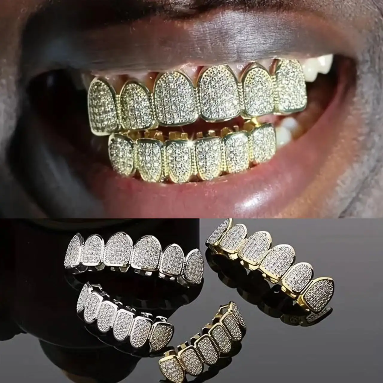 1set Hip Hop Full Iced Out Teeth Grillz Gold Plated Dental Grills Tooth Grillz Caps Crystal Teeth Caps Halloween Vampire Tooth