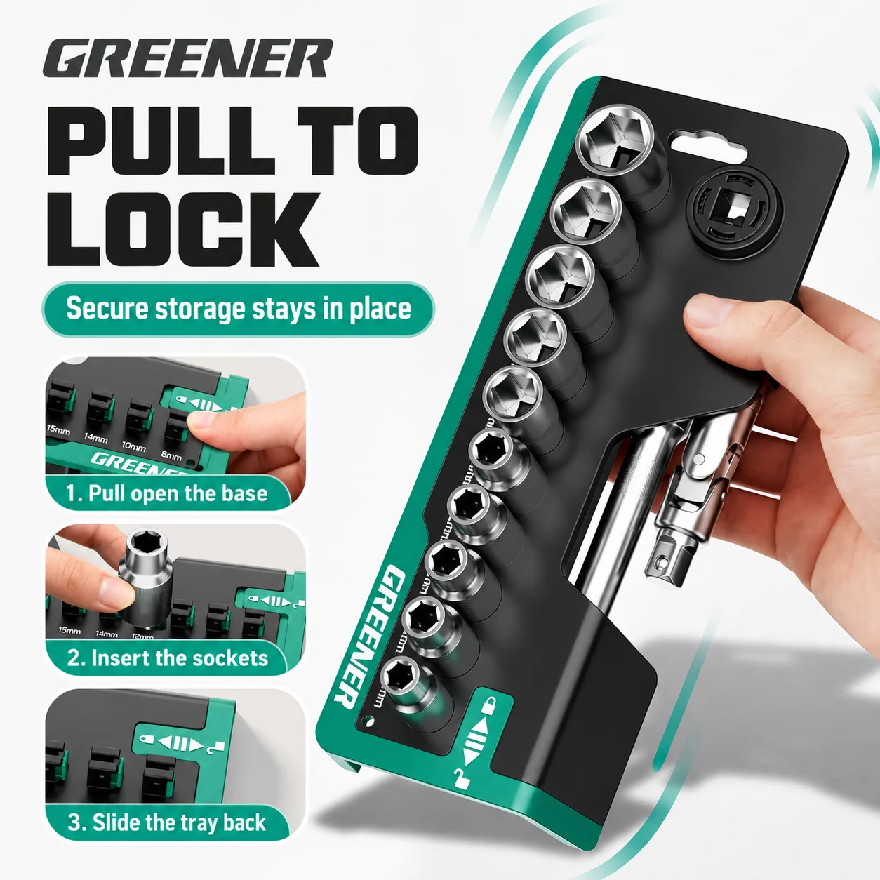 GREENER 72-Tooth Ratchet Socket Set, Self-Locking Visible Rack with Pull-Out Bit Tray, 1/4in 26PCS or 1/2in 24PCS