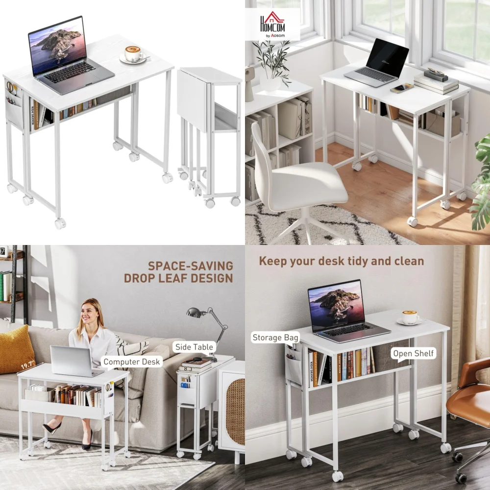

Computer DesksCompact folding desk with wheels storage bag and shelf space saving portable computer workstation for home office