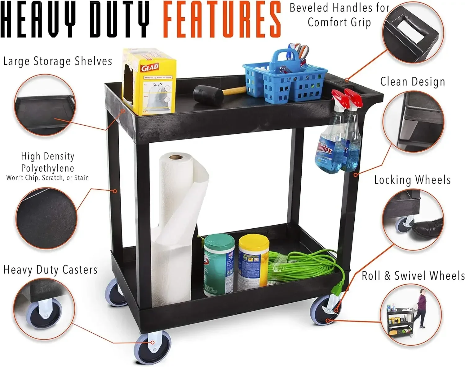 Stand Steady Tubstr 2 Shelf Utility Cart Supports Up to 250 lbs - Heavy-Duty Plastic Service Push Cart with Deep