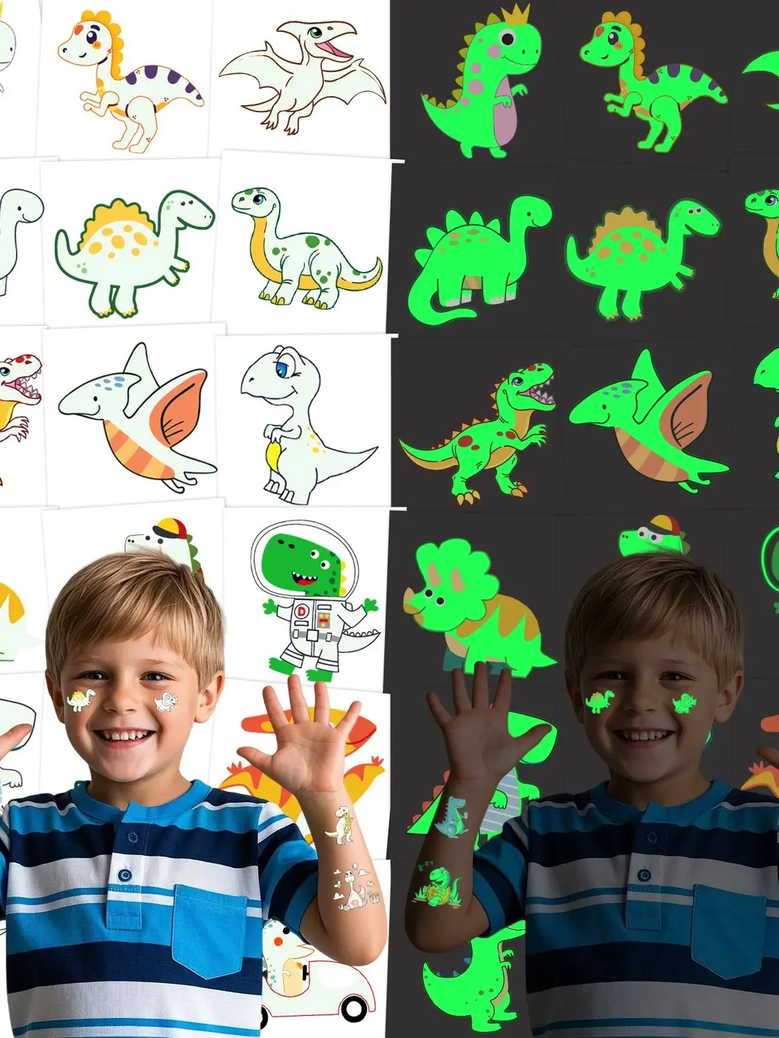 10 Glow-in-the-Dark Cute Dinosaur-Themed Temporary Tattoos, which can be used as themed decorations, gifts and prizes.