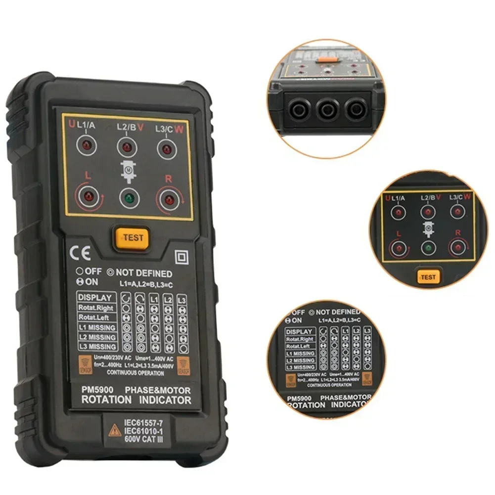 Motor Phase Sequence-Rotation Indicator Non-Contact Detection Visual R/L Indicators PM5900 Three Phase Rotation Indicator Meter