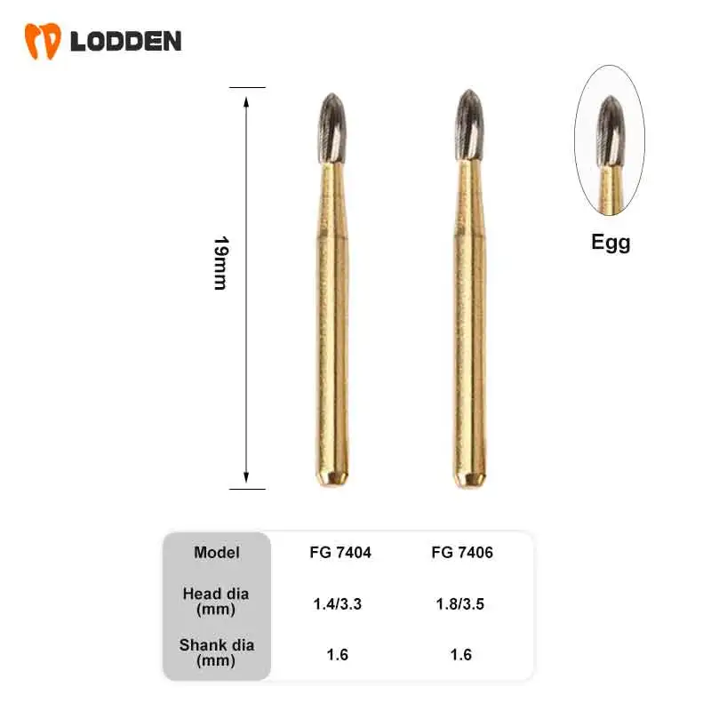 

LODDEN 5pcs Tungsten Carbide Burs 8-12 Blades 7404 7406 Egg Triming & Finishing Gold TC Drills Dentistry Grinding Tools