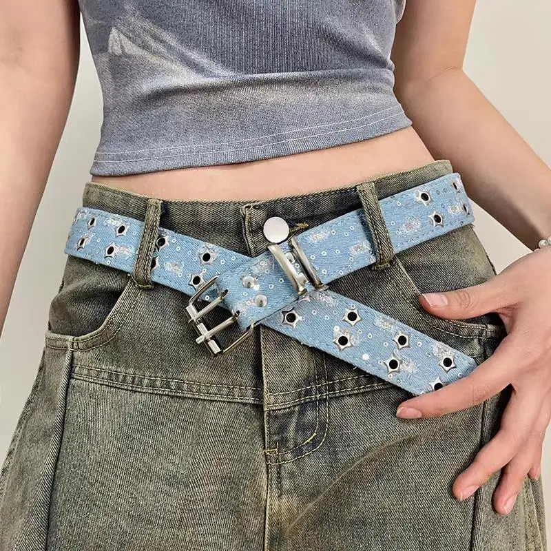 

Black Punk Style Waist Belt Y2k Star Eye Rivet Belt Double Row Hole Belt Denim Fabric Waist Strap Hollow Out Fashion Waistband