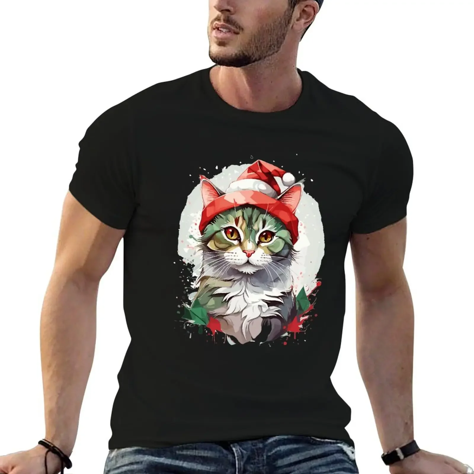 

Cat in Christmas Hat T-Shirt for a boy tshirts personalised cotton man t-shirts sweat shirts, men