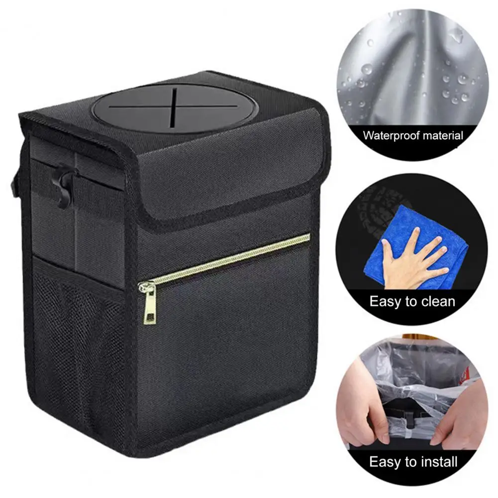 Car Trash with Cover Car Trash Foldable Hangable Design with Separate Lid Mesh Pocket Waterproof Easy to for Back for Snacks