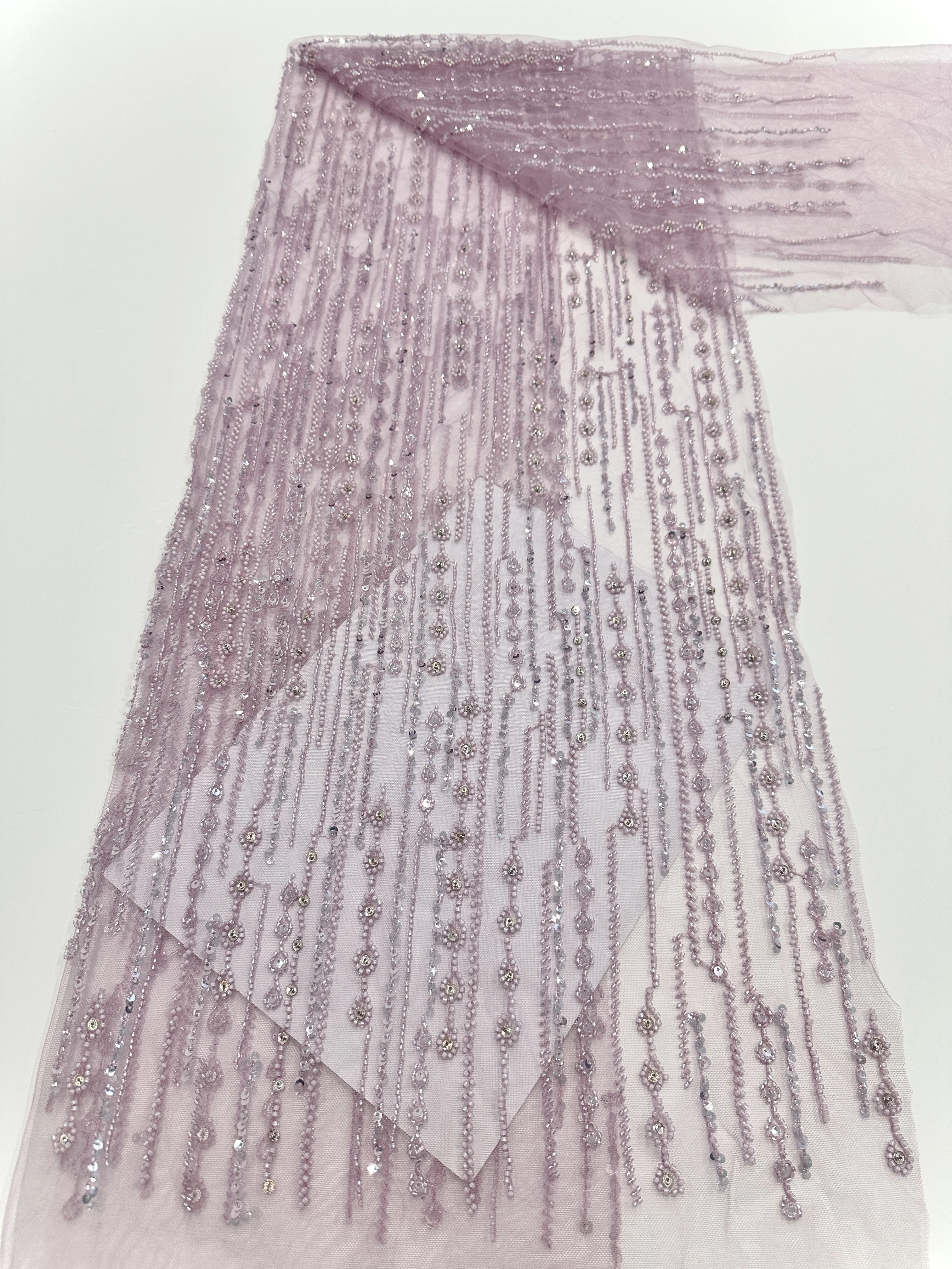 2025 High Quality New Arrival African Handmade Beaded Tulle Lace Fabric Nigerian Sequins Lace Fabric For Wedding Dresses 5 Yards