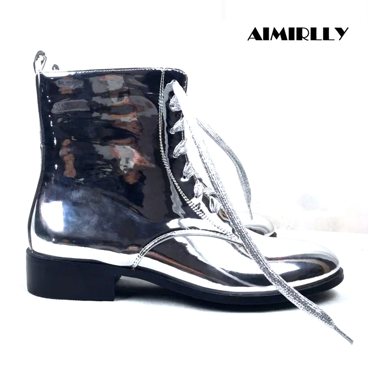 

Shoes for Women 2024 Flats Ankle Boots Round Toe Flat Shoes Lace Up Silver Metal Mirror Patent Booties women's boot Customized