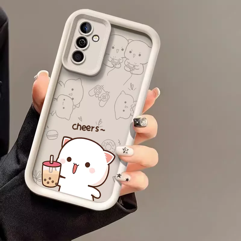 Cartoon Peach Mochi Cat Couple Case for Samsung S25 S24 S23 S22 S21 S20 Plus FE Note 20 Ultra M55 Cute Animal Paired Soft Covers