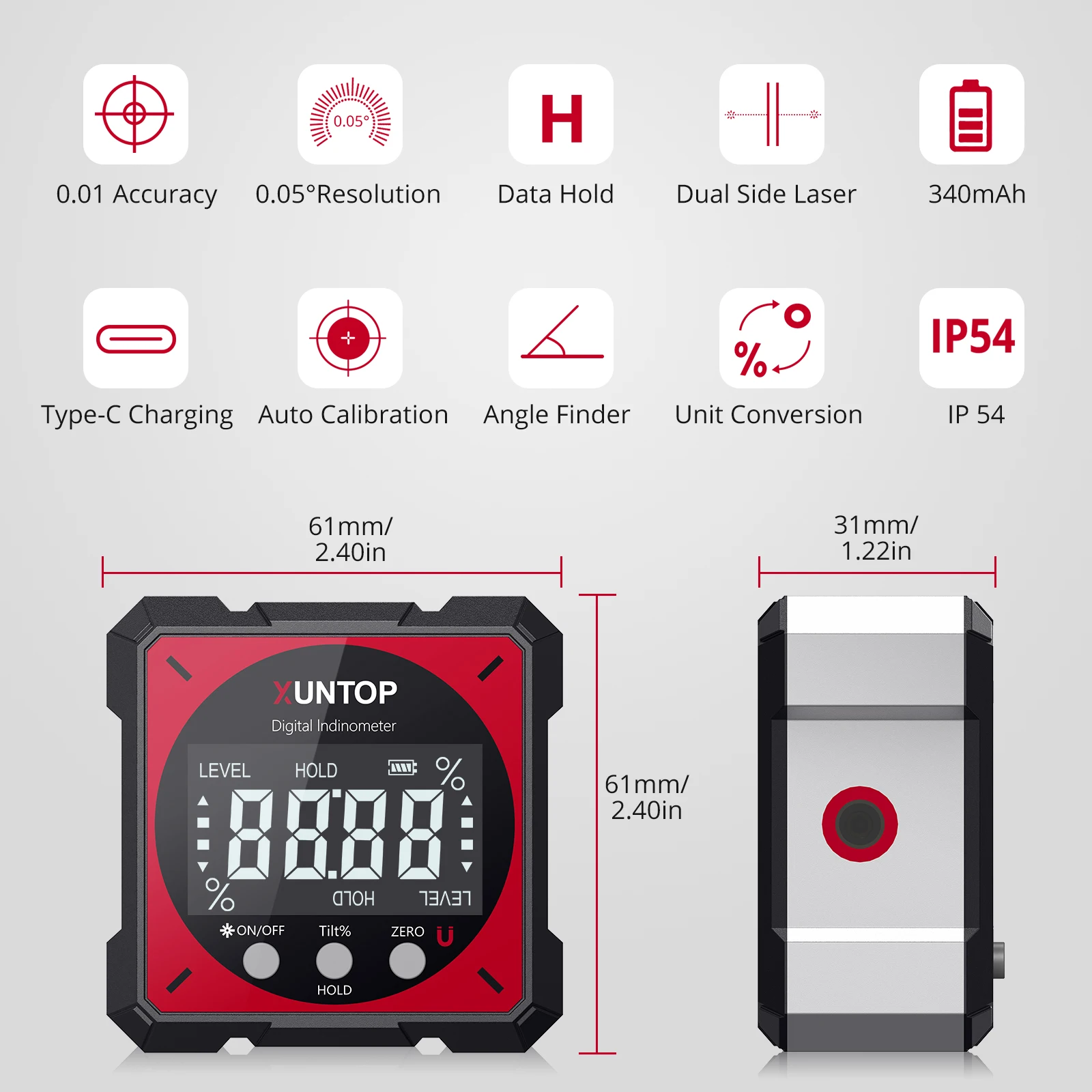 Rechargeable Digital Level Box Angle Finder With Electronic Laser 4 Side Strong Magnetic Angle Gauge Type-c Charging Cable