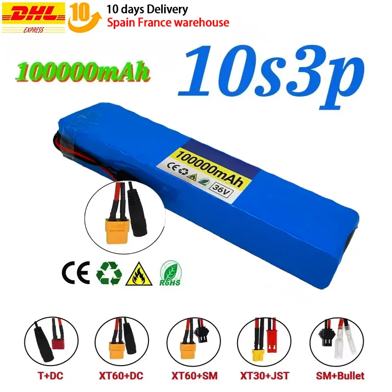 36V 20Ah 18650 Rechargeable Lithium Battery Pack 10S3P 1000W with BMS for Bicycle Scooter Battery Pack+Charger