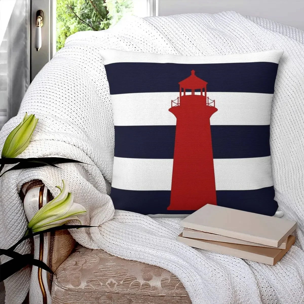 Nautical Red Lighthouse On Navy Blue Stripes Pillowcase Pillows Cover Cushion Comfort Throw Pillow Sofa Decorative Cushions Used