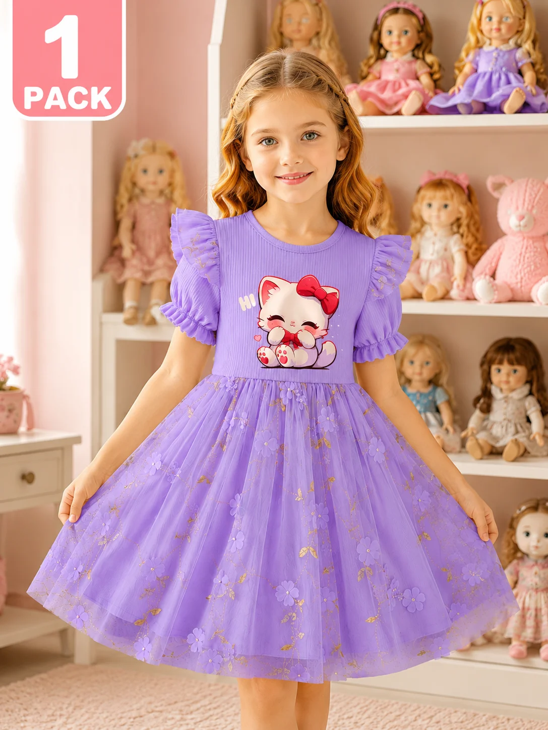 Kids Girls Purple Cute Cartoon Cat Print Tulle Dress 3D Floral Embroidery Ruffle Sleeve Casual Princess Dress