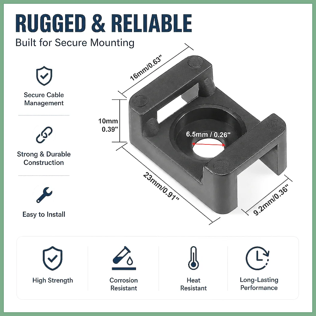 50Pcs Black Cable Tie Base HC-2 Saddle Type Wire Holder 9.2mm Hole Width Nylon 6.5mm Screw 23x16x10mm Mounting Clamp