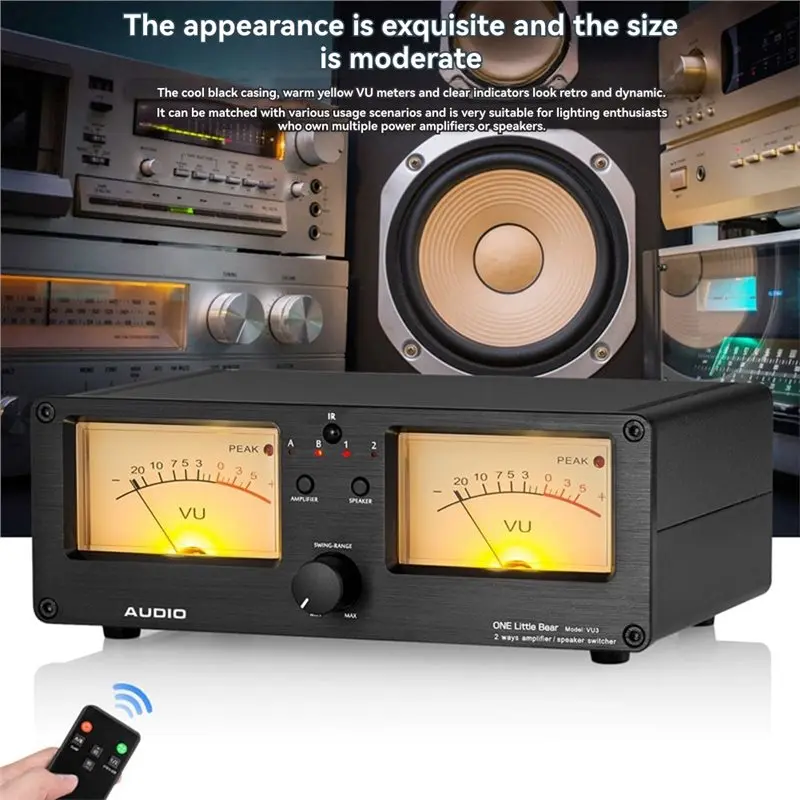 ABUO-Dual Analoge VU Meter Audio Switcher Box 2-weg versterker/luidsprekers Vintage Design 100W Maximaal vermogen Afstandsbediening inbegrepen