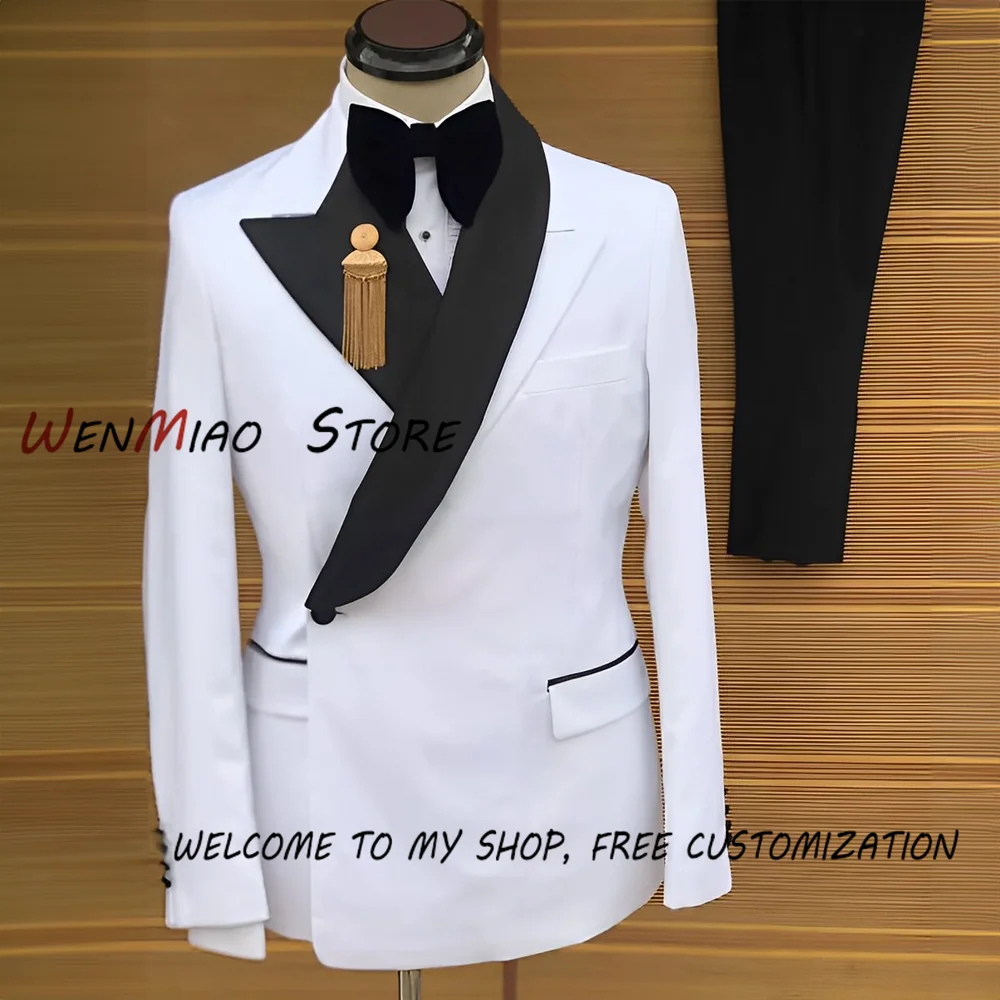 Customized Men\'s Suit 2 Piece Suit White Jacket Pants Black Collar Wedding Groom Tuxedo Elegant Party Dress Formal XS-5XL Outfit