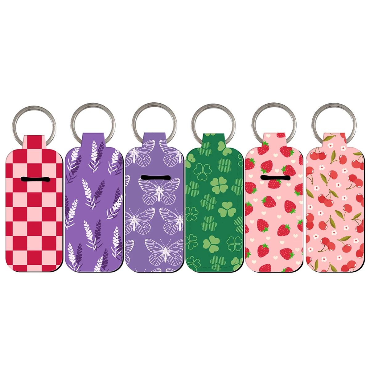 

Cherry Clip On Lipstick Holder Keychain Lavender Print Purple Keyring Trendy Lip Balm Key Chain Bag Charms Travel Accessories