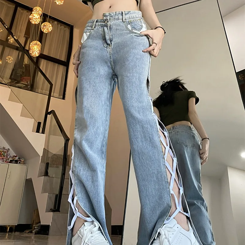 Irregular High Waist Split Strap Women's Spring 2024 Spliced Button Zipper Solid Color Slender Slim Rag Floor Dragging Jeans