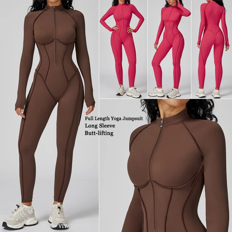 VITALINOVO Womens Running Onesie Athletic Romper Pants Long Sleeve Zip Up Hiking Outfits One Piece Workout Bodycon Jumpsuits image 6