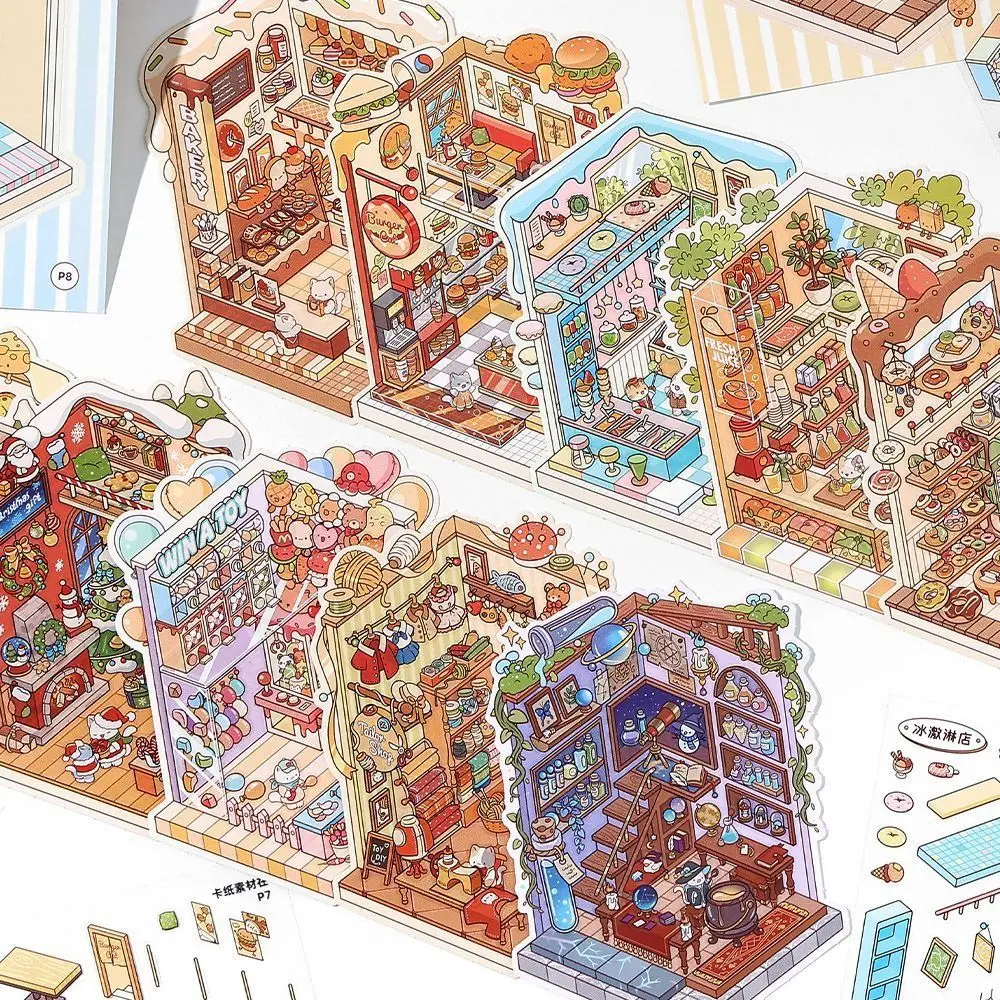 PET Miniature Landscape Sticker Collection Decompression Visual Stacking DIY Cabin Scene Sticker Children's Quiet Books