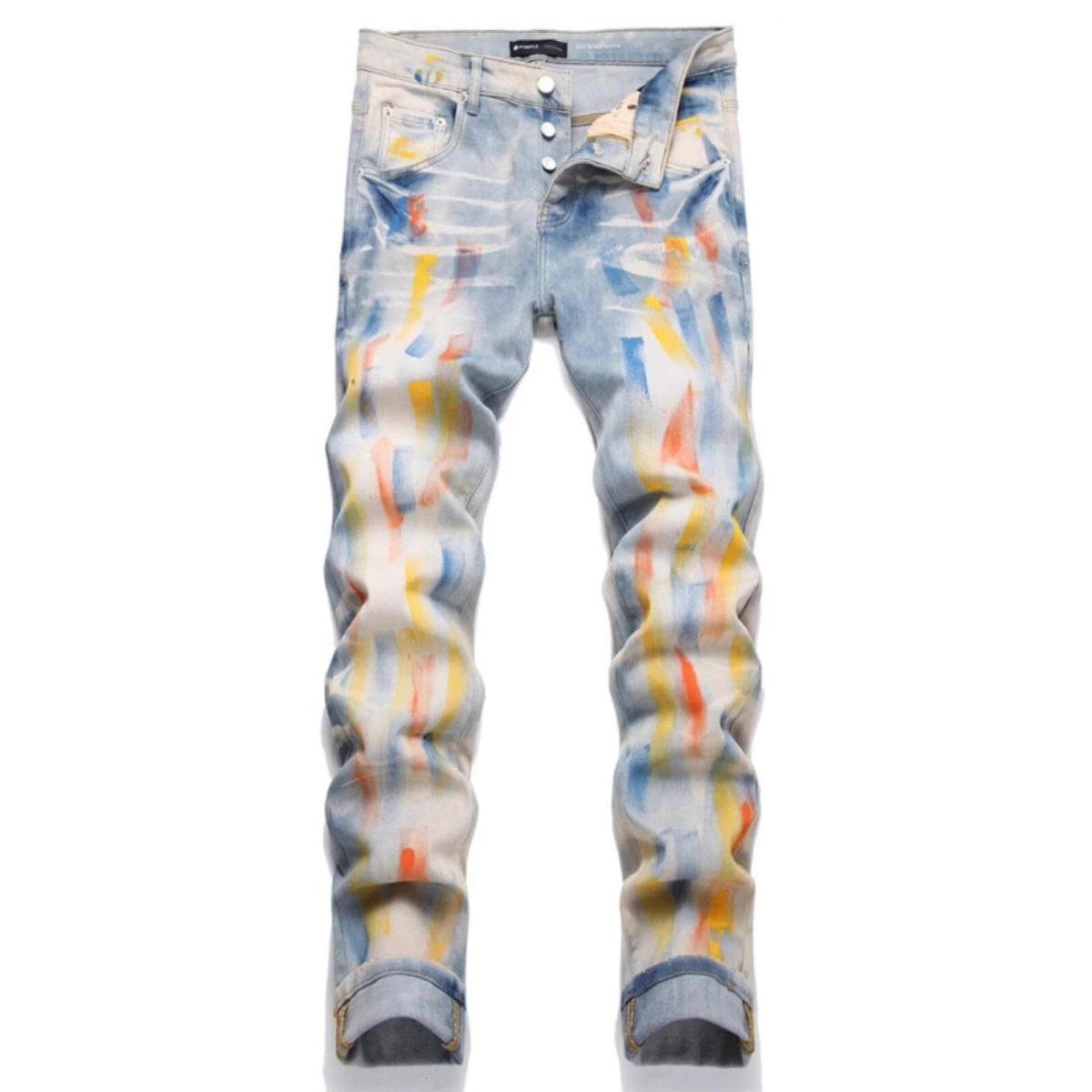 

Spring Autumn New Painted Casual Jeans Men's Print Pants Dye Slim Wa Trendy Light Color Long Trousers mid Waist Loose Flare...