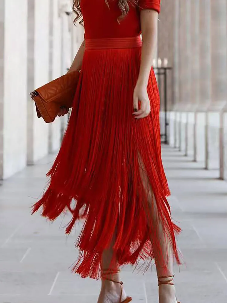 

Модные полуюбки нестандартной формы с кисточками и высокой талией, весенние женские элегантные вечерние полуюбки, осенние повседневные однотонные юбки миди длины