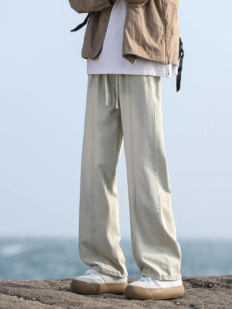 

Foufurieux Summer American Style Vintage Old Baggy Jeans Men Streetwear Straight Wide Leg Elastic Waist Casual Brand Denim Pants