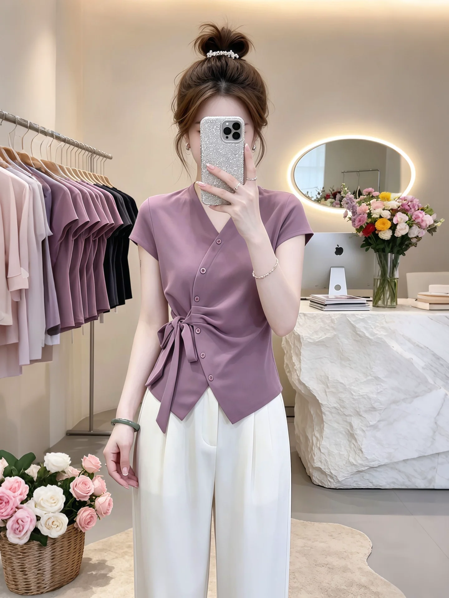 Stylish V-Neck Short Sleeve T-Shirt Fashionable Breathable Women's Shirt Korean Style Commute Wear Elegant Beautiful Summer N...
