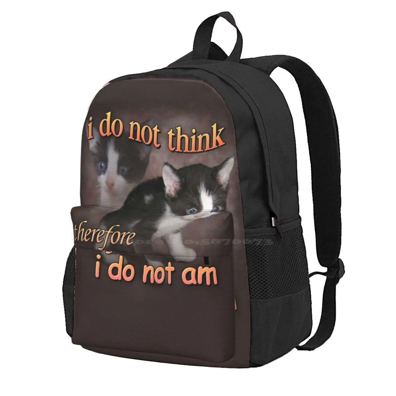 I Do Not Think Therefore I Do Not Am - Cat Meme Portrait Hot Sale Schoolbag Backpack Fashion Bags Kitten Cat Philosophy Memes