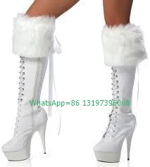 Lady platform white fur design dance boots stiletto heel lace-up sexy boots feather side zip party dress vintage boots size 3546