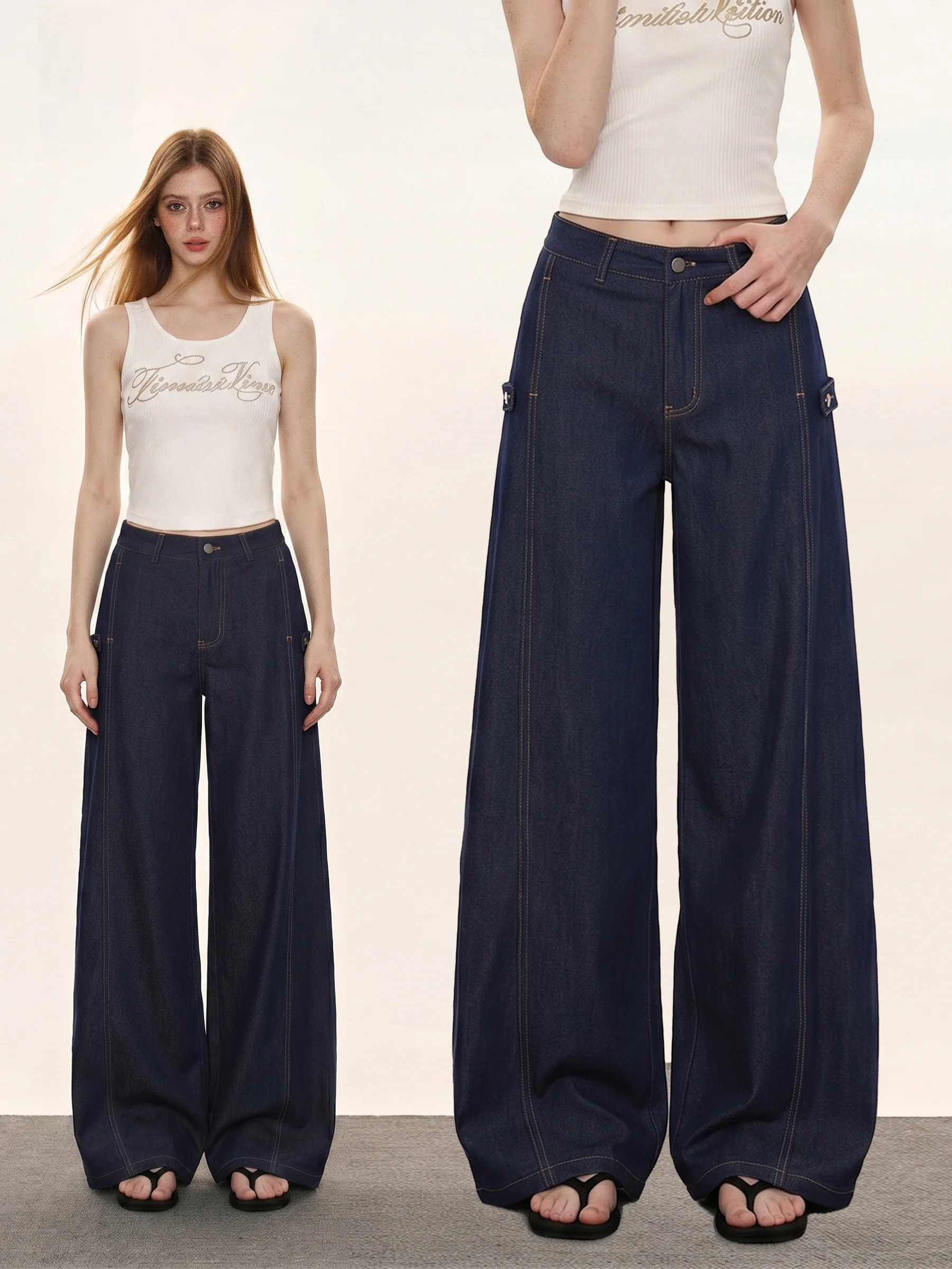 

Retro American Style High Waist Wide Leg Jeans Women Summer Spicy Girl Casual Loose Drapey Straight Blade Pants