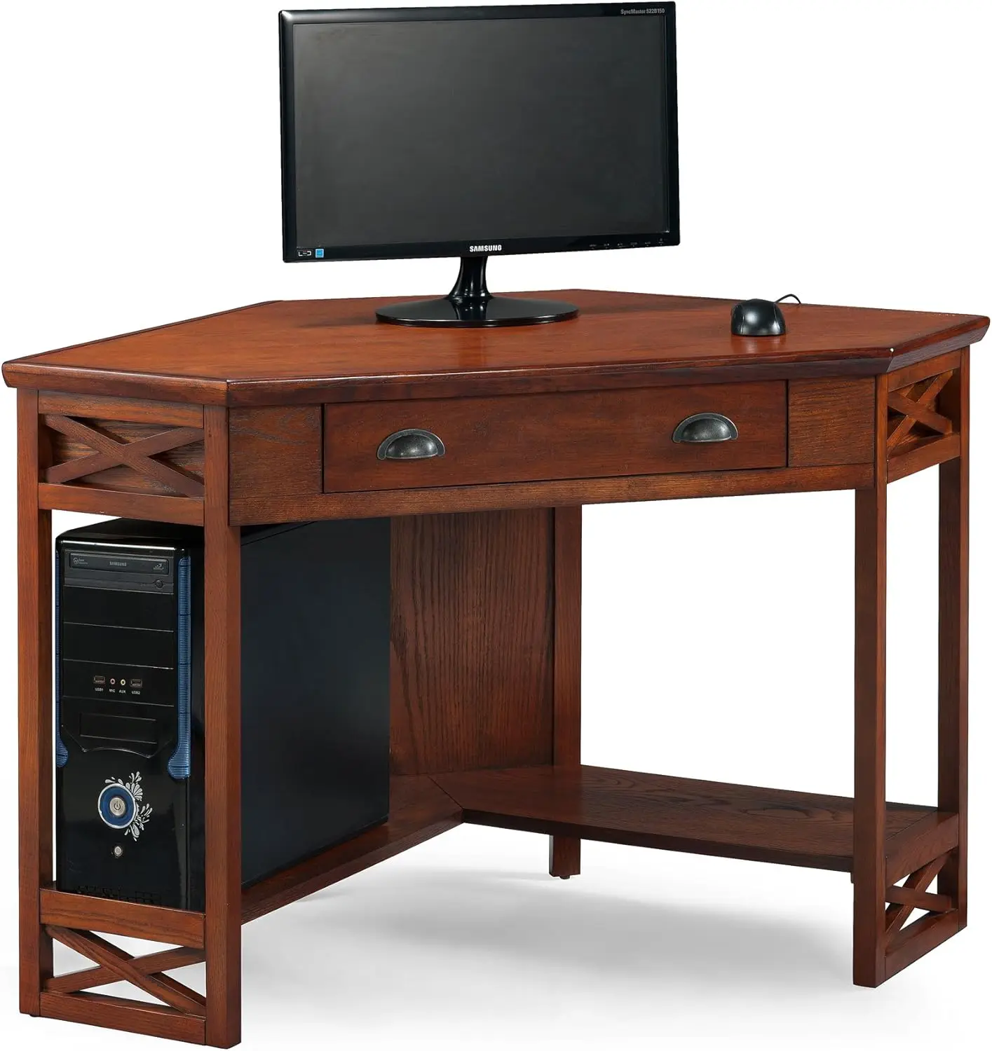 82431 Corner Computer Writing Desk with Drop Front Keyboard Drawer, Oak