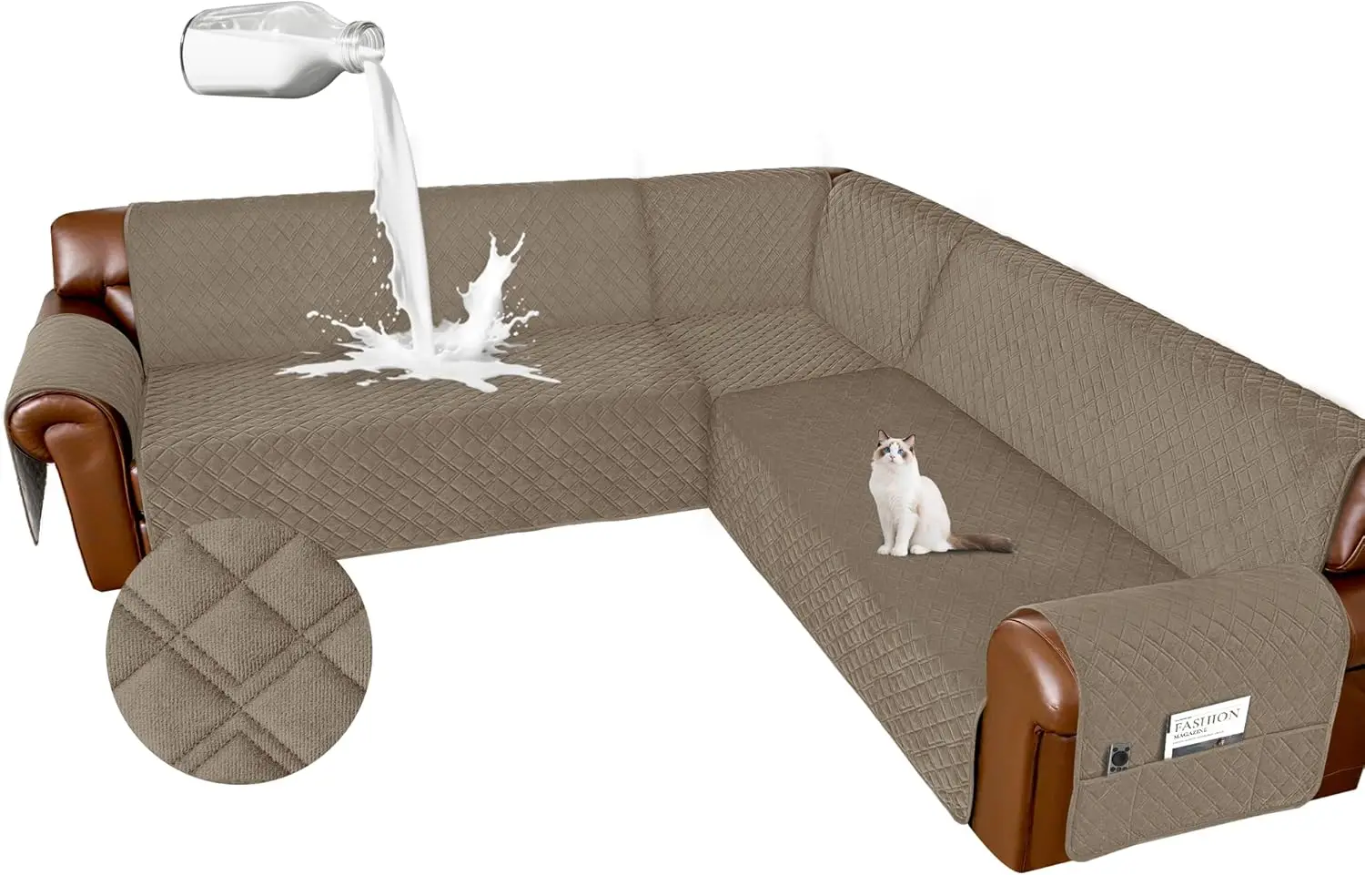 

Waterproof Sectional Couch Covers L Shape Washable Velvet Non Slip 6 Pcs U Shaped Furniture Protector (Camel, XX-Large)