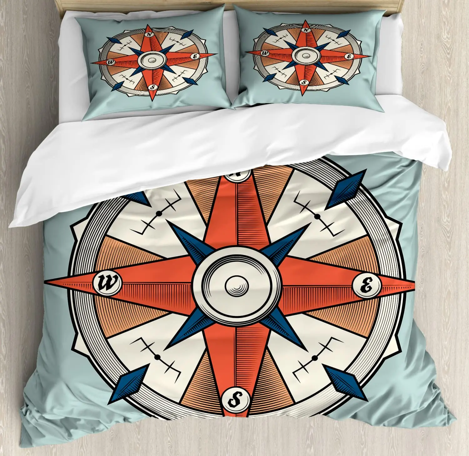 Compass Duvet Cover Nautical Theme Full Queen Bedding Set ,Ocean Coastal Comforter Cover Sea Adventure Compass Bedspread Cover