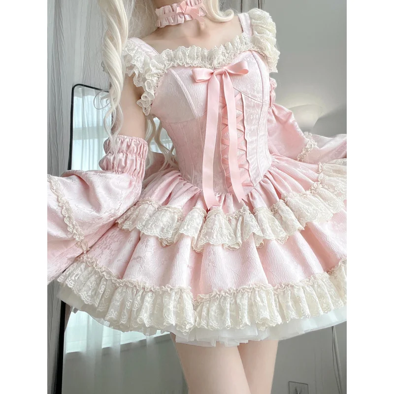 النمط الياباني الحلو لطيف فستان جرلي دعوى النساء Kawaii الخصر الربط الحمالات منتفخ فستان سليم بلا أكمام الوردي قطعتين مجموعة
