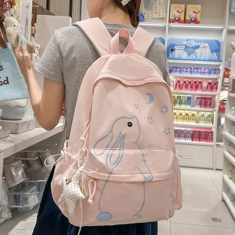 Cute Embroidered Floppy Ear Bunny Backpack, Soft Light Blue Kawaii School Bag, Aesthetic Daily Campus Laptop Backpack for Girls