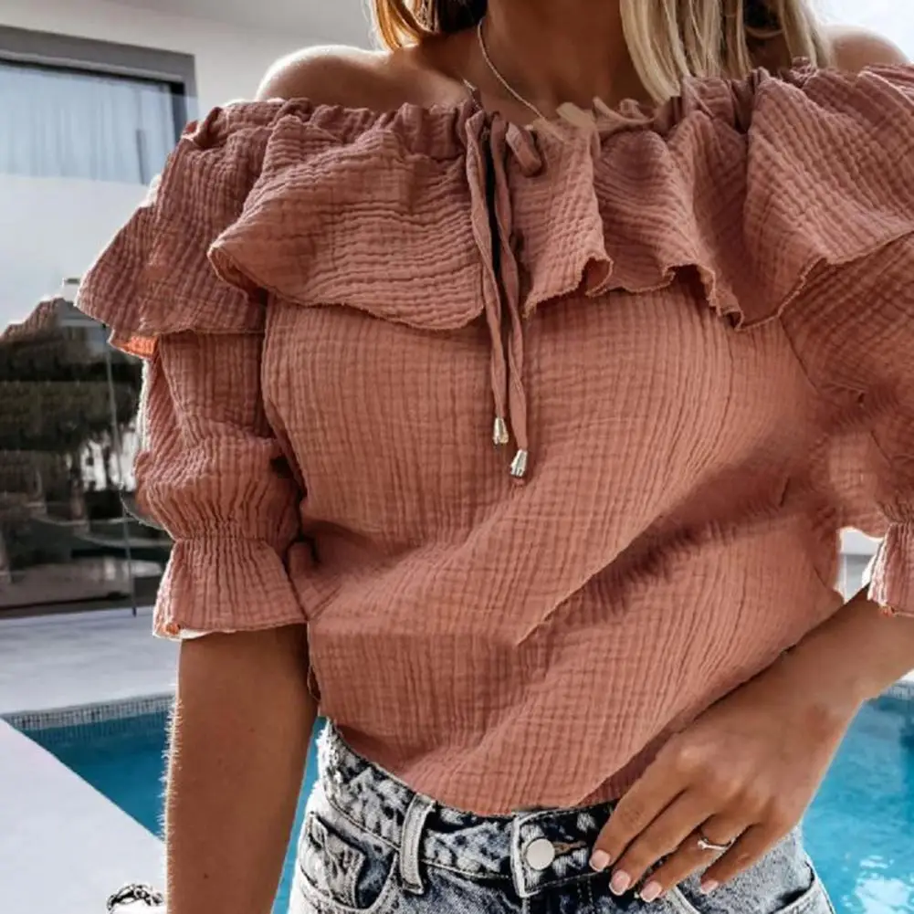 Fashion Sexy Ruffle Women Blouse Shirt Summer Casual Tie-Up Drawstring Tops Pullover Solid Color Elegant Off Shoulder Shirt Chic