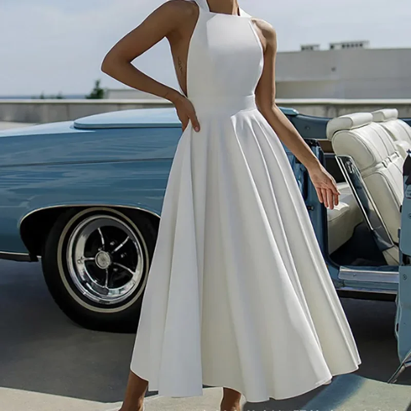 

Elegant Temperament High Waist Pleated Long Dress Office Fashion Backless A-line Dress Ladies O Neck Hollow Out Sleeveless Dress