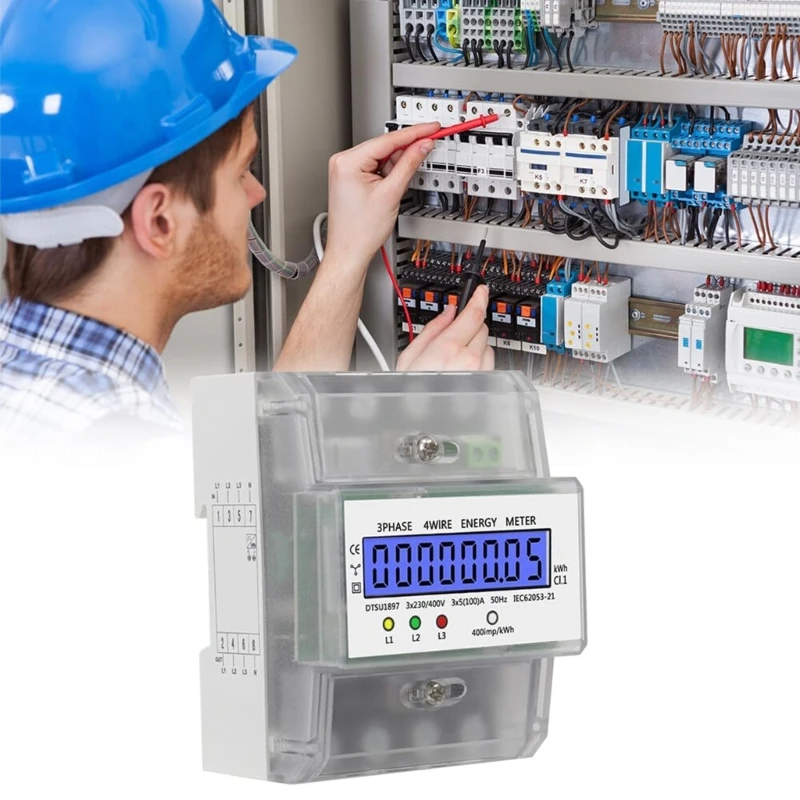 Digital Three Phase Energy Meter Rail Mountable Electricity Meter for Power Measurement 380V Simple Installation Plastic