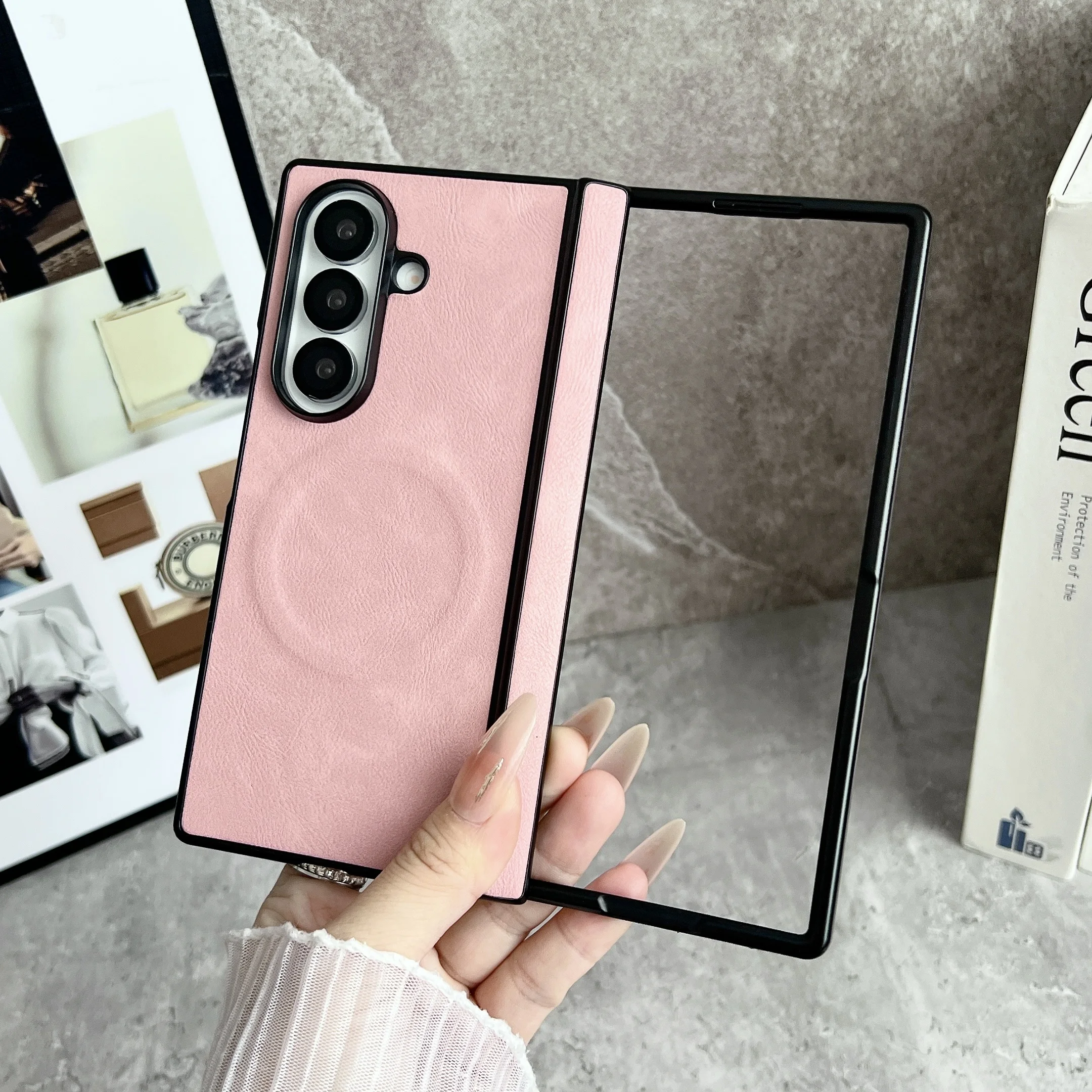 

Artificial Leather Magsafe Case for Samsung Galaxy Z Fold 7 with Mirror Hinge Film Folding Wireless Charging Magnetic Cover253