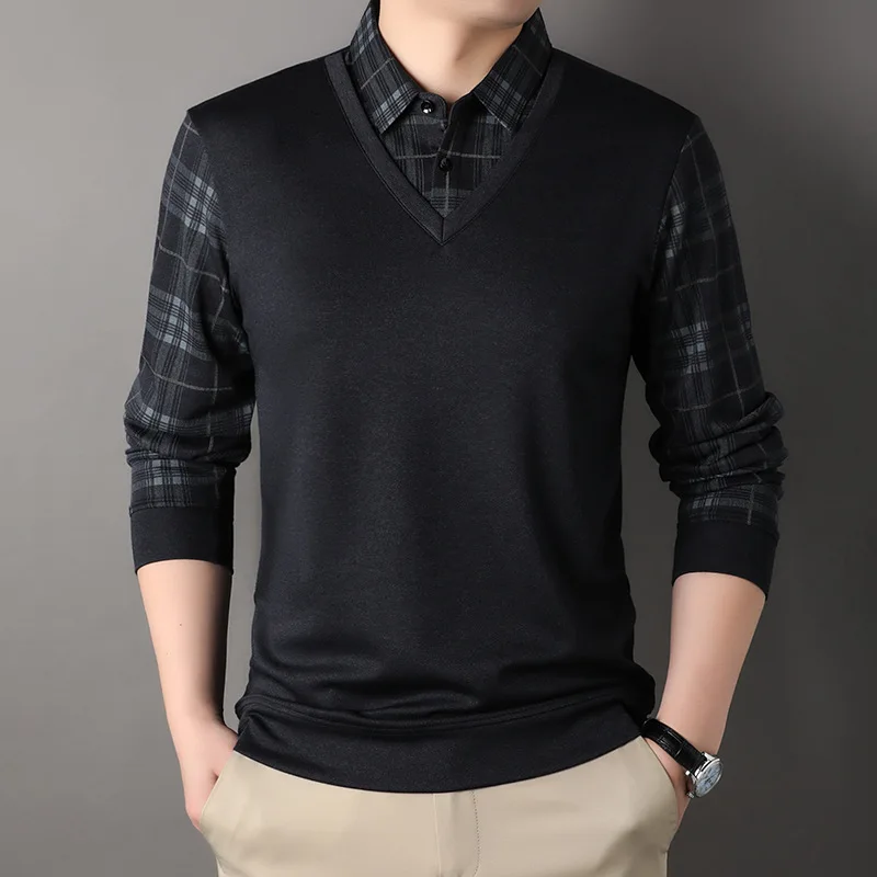 

Spring and Autumn Men's False Two Pieces Long-Sleeved T-shirt Polo Collar Top Thin Bottoming Shirt