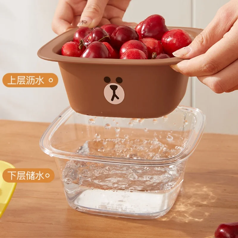 LINE FRIENDS Brown Double Layered Mini Drain Basket Sally Anime Kawaii Wash Fruits Vegetables Home Living Room Small Fruit Plate