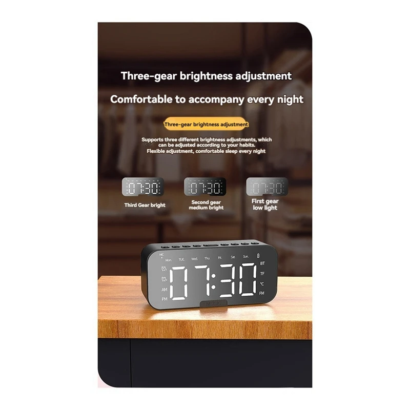 LED Digital Alarm Clock With Bluetooth 5.1 Desktop Screen Displays Temperature Support TF Card AUX Connection B