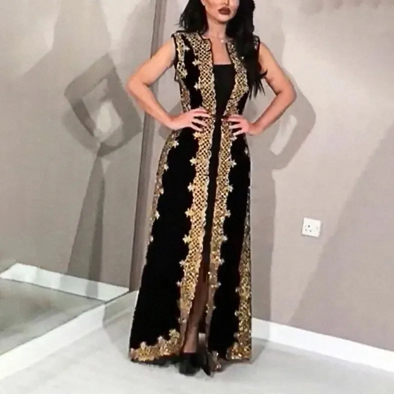 

customized women's adult fashion evening gown party outfit with diamond studded gold sprinkled sexy cape dress two-piece set