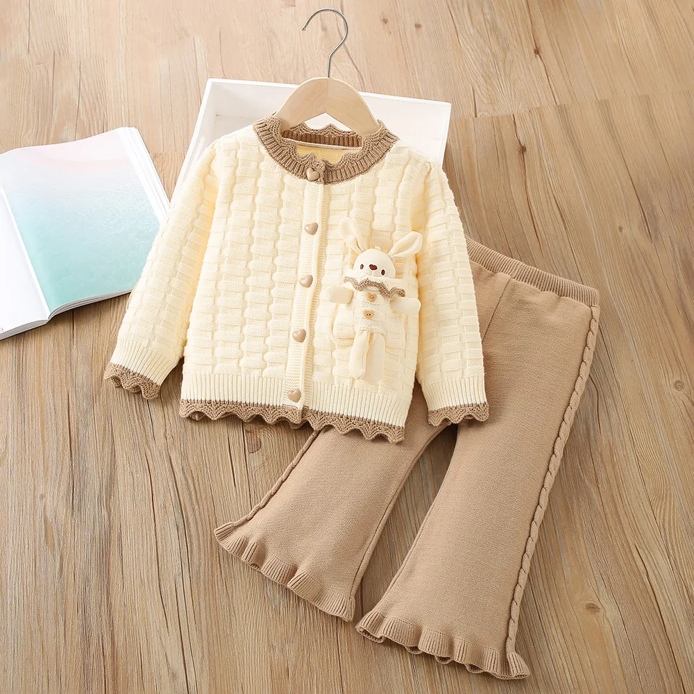 

Girls Knitted Clothing Sets Spring Autumn 2025 Children Woolen Jersey Sweaters Coats Pants 2pcs Cute Suit For Baby Outfits Kids