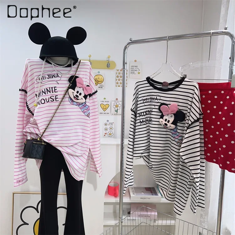 

2024 New Sweet 3d Doll Letter Printing Contrasting Color Striped Long-sleeved T-shirt Female Loose Cartoon Top Spring Autumn