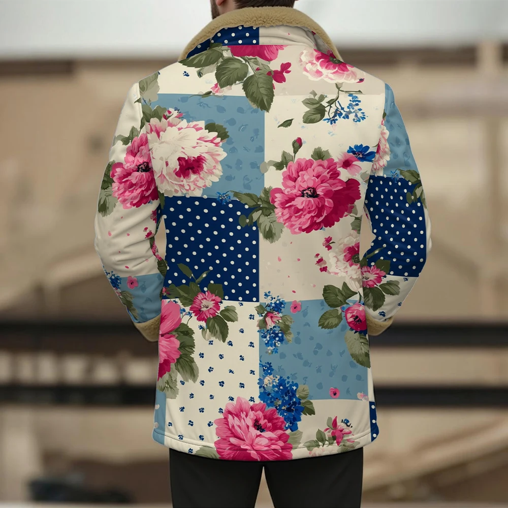 

Vintage Retro Patchwork Jackets with Faux Fur Collar Floral Polka Dot Design Button Front Fall Winter Boho Unisex Outerwear Coat