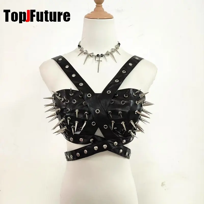 

Y2K girl Punk Spicy girl Street rock dark Gothic Sexy PU rivet Pointed nail Millennium performance party role-playing tank top