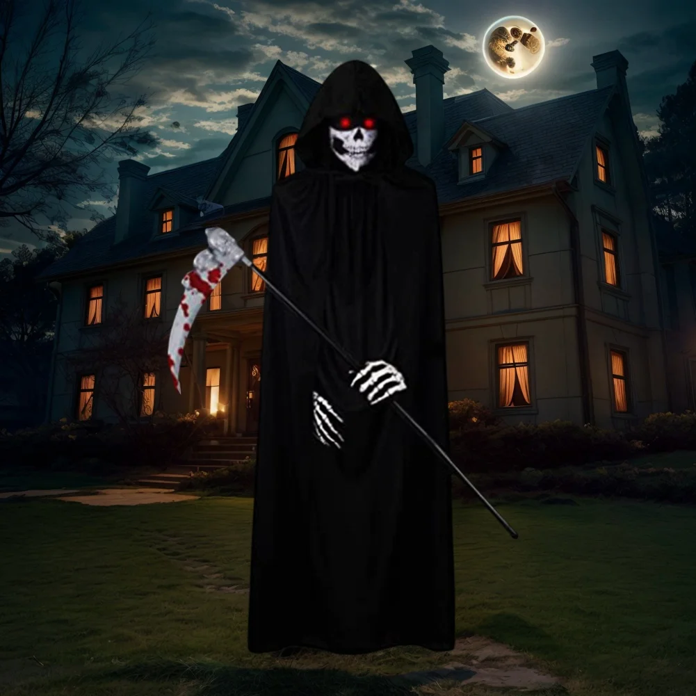 Halloween Grim Reaper Costume with Glowing Red Eyes & Gloves Mask Boy Costume Cosplay Outfit for Halloween Carnival Fancy Dress